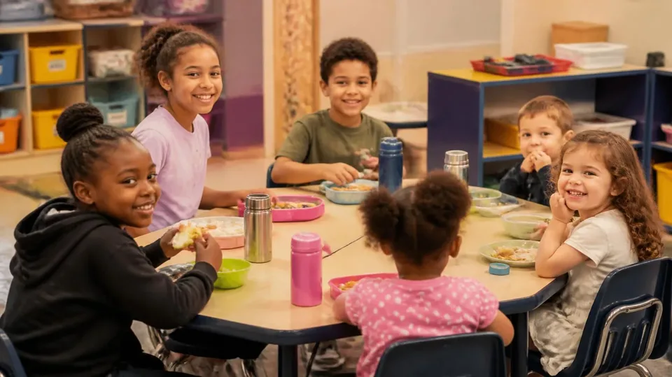 Children sharing a meal together at a child-size table
